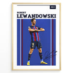 Indlæs billede til gallerivisning Robert Lewandowski plakat i FC Barcelona-trøje med moderne grafisk design og signatur
