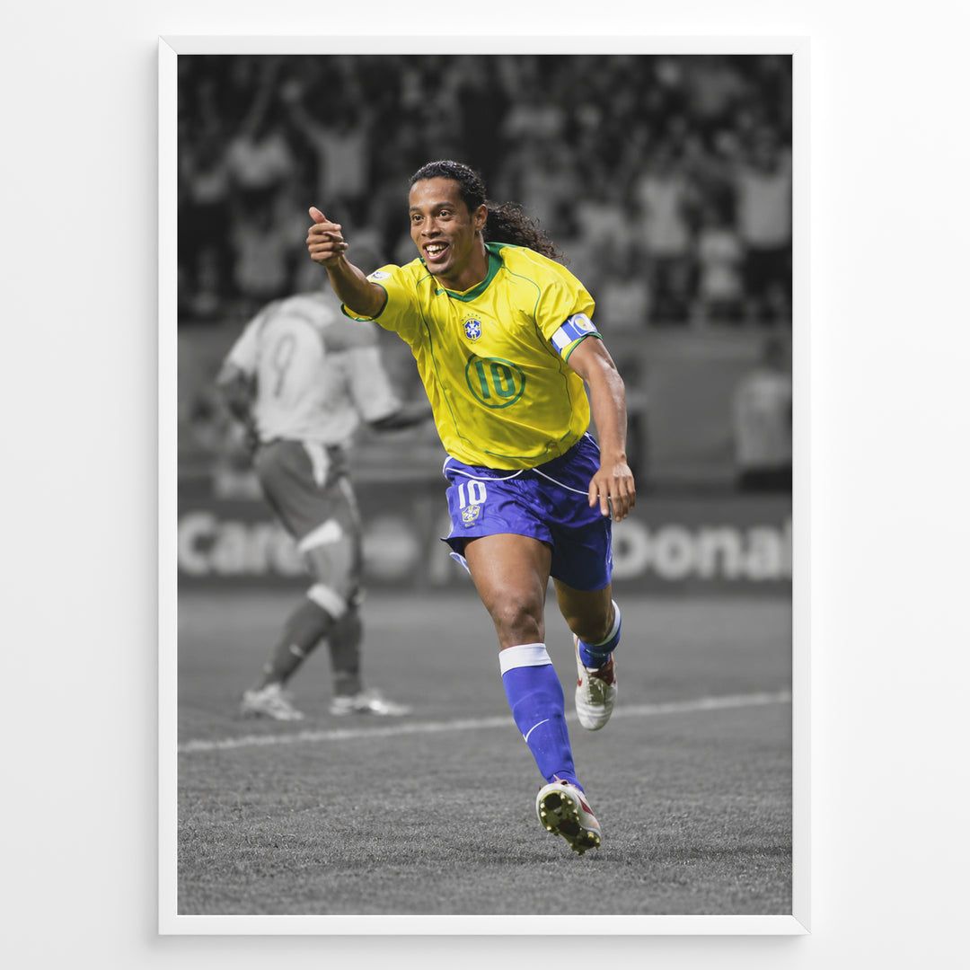 Ronaldinho wearing the iconic yellow Brazil football jersey with number 10 while celebrating on the pitch. A black and white background highlights the Brazilian colors.