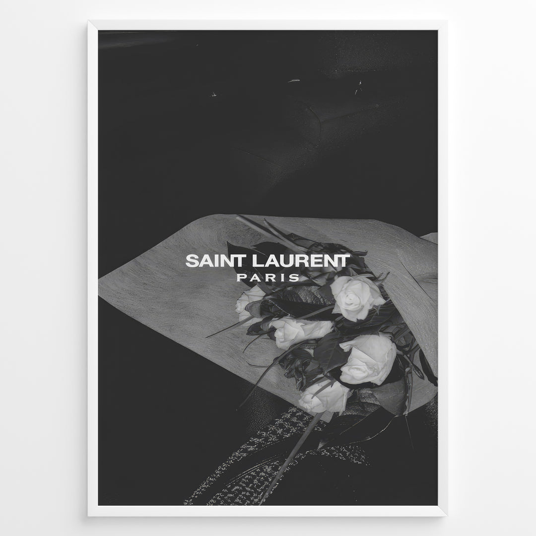 Fashion Plakat | Saint Laurent Paris – Monochrome Elegance Poster Plakaty.dk | Black and white Saint Laurent Paris poster featuring a bouquet of white roses wrapped in paper.