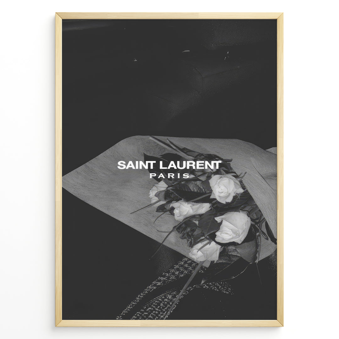 Fashion Plakat | Saint Laurent Paris – Monochrome Elegance Poster Plakaty.dk | Black and white Saint Laurent Paris poster featuring a bouquet of white roses wrapped in paper.