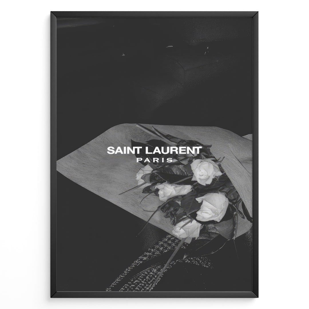 Fashion Plakat | Saint Laurent Paris – Monochrome Elegance Poster Plakaty.dk | Black and white Saint Laurent Paris poster featuring a bouquet of white roses wrapped in paper.