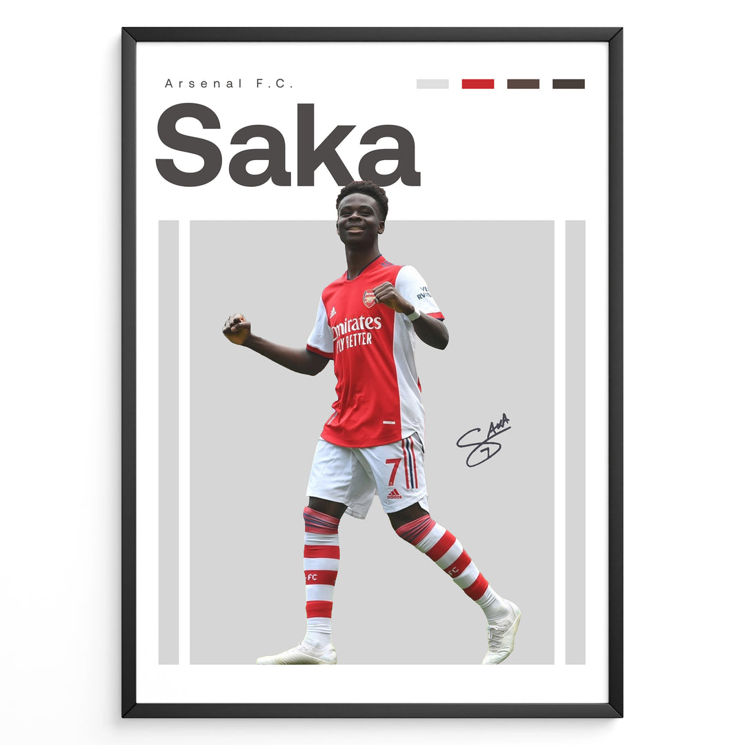 Poster showing a football player in a red and white uniform celebrating, with large text reading “Saka” at the top and a clean modern graphic design layout.