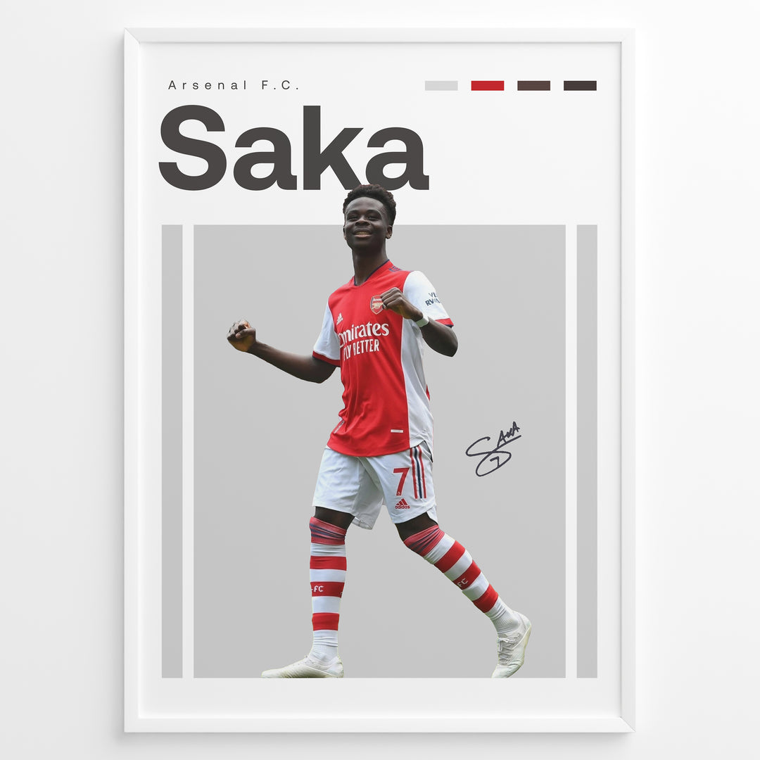 Poster showing a football player in a red and white uniform celebrating, with large text reading “Saka” at the top and a clean modern graphic design layout.