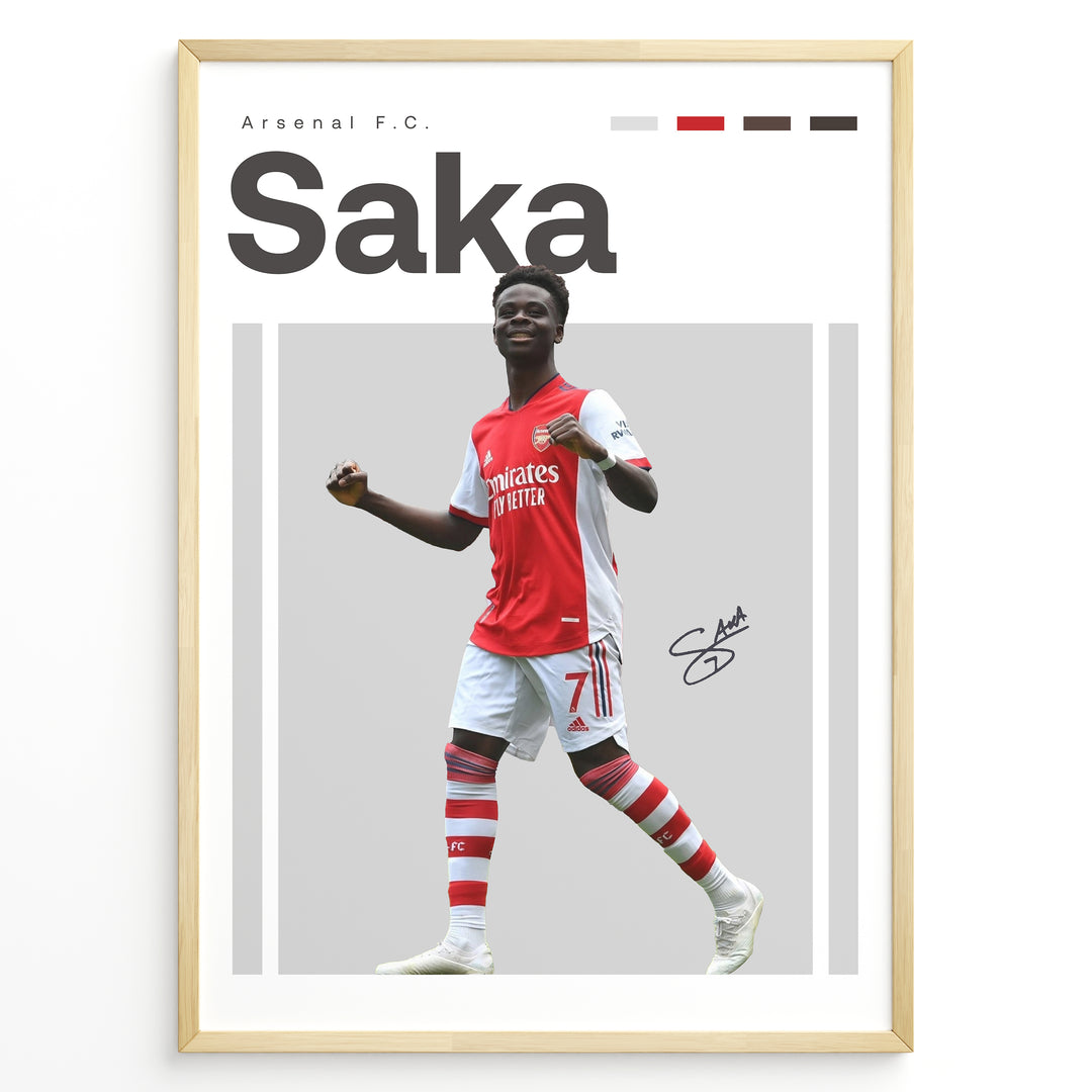 Poster showing a football player in a red and white uniform celebrating, with large text reading “Saka” at the top and a clean modern graphic design layout.