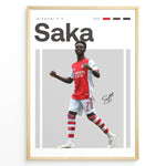 Indlæs billede til gallerivisning Poster showing a football player in a red and white uniform celebrating, with large text reading “Saka” at the top and a clean modern graphic design layout.
