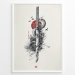 Indlæs billede til gallerivisning Japanske plakater | Japanese ink-style artwork of a katana sword entwined with a dragon, set against a red sun with birds flying around, in a minimalist and dramatic composition.
