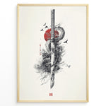 Indlæs billede til gallerivisning Japanske plakater | Japanese ink-style artwork of a katana sword entwined with a dragon, set against a red sun with birds flying around, in a minimalist and dramatic composition.
