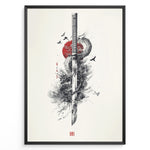 Indlæs billede til gallerivisning Japanske plakater | Japanese ink-style artwork of a katana sword entwined with a dragon, set against a red sun with birds flying around, in a minimalist and dramatic composition.
