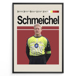 Indlæs billede til gallerivisning Peter Schmeichel fodbold plakat i klassisk grøn målmandstrøje fra Danmark landshold med stilrent rødt baggrundsdesign.
