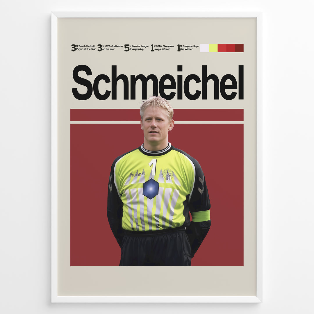 Peter Schmeichel fodbold plakat i klassisk grøn målmandstrøje fra Danmark landshold med stilrent rødt baggrundsdesign.