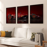 Indlæs billede til gallerivisning Triptych wall art plakat featuring the Scuderia Ferrari SF-24 Formula 1 car in a modern black-and-white living room with leather furniture.

