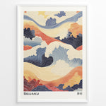 Indlæs billede til gallerivisning Japanske plakater | Abstract Japanese wave artwork in soft blues, oranges, and creams with flowing line patterns and cloud shapes, titled &quot;Seijaku.&quot;
