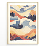 Indlæs billede til gallerivisning Japanske plakater | Abstract Japanese wave artwork in soft blues, oranges, and creams with flowing line patterns and cloud shapes, titled &quot;Seijaku.&quot;
