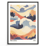 Indlæs billede til gallerivisning Japanske plakater | Abstract Japanese wave artwork in soft blues, oranges, and creams with flowing line patterns and cloud shapes, titled &quot;Seijaku.&quot;
