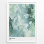 Indlæs billede til gallerivisning Japanske plakater | Abstract marble-style artwork in green and white tones with the word &quot;Seijitsu&quot; and Japanese characters representing sincerity.
