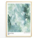 Indlæs billede til gallerivisning Japanske plakater | Abstract marble-style artwork in green and white tones with the word &quot;Seijitsu&quot; and Japanese characters representing sincerity.
