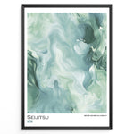 Indlæs billede til gallerivisning Japanske plakater | Abstract marble-style artwork in green and white tones with the word &quot;Seijitsu&quot; and Japanese characters representing sincerity.
