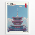 Indlæs billede til gallerivisning Japanske plakater | Illustration of Sensō-ji Temple’s red pagoda in Tokyo with a clear blue sky and Tokyo Skytree in the background, combining traditional architecture with a modern skyline.
