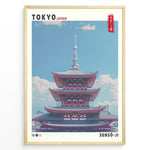 Indlæs billede til gallerivisning Japanske plakater | Illustration of Sensō-ji Temple’s red pagoda in Tokyo with a clear blue sky and Tokyo Skytree in the background, combining traditional architecture with a modern skyline.
