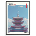 Indlæs billede til gallerivisning Japanske plakater | Illustration of Sensō-ji Temple’s red pagoda in Tokyo with a clear blue sky and Tokyo Skytree in the background, combining traditional architecture with a modern skyline.
