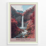 Indlæs billede til gallerivisning Japanske plakater | Scenic waterfall landscape featuring Shiraito Falls surrounded by red autumn foliage and mountains under a partly cloudy sky.
