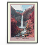 Indlæs billede til gallerivisning Japanske plakater | Scenic waterfall landscape featuring Shiraito Falls surrounded by red autumn foliage and mountains under a partly cloudy sky.
