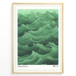 Indlæs billede til gallerivisning Japanske plakater | Framed art print of stylized green ocean waves titled &quot;Shizukesa,&quot; with Japanese kanji characters representing tranquility.
