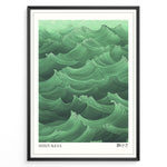 Indlæs billede til gallerivisning Japanske plakater | Framed art print of stylized green ocean waves titled &quot;Shizukesa,&quot; with Japanese kanji characters representing tranquility.

