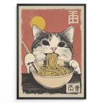 Indlæs billede til gallerivisning Japanske plakater | Vintage-style illustration of a tabby cat eating ramen noodles with chopsticks, set against a red background with a yellow sun and Japanese kanji.
