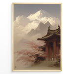Indlæs billede til gallerivisning Japanske plakater | Traditional Japanese temple surrounded by cherry blossoms with Mount Fuji in the background, framed by dramatic clouds and mountain peaks under a soft, serene sky.
