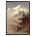 Indlæs billede til gallerivisning Japanske plakater | Traditional Japanese temple surrounded by cherry blossoms with Mount Fuji in the background, framed by dramatic clouds and mountain peaks under a soft, serene sky.
