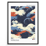 Indlæs billede til gallerivisning Japanske plakater | Abstract illustration of ocean waves in the style of Hokusai’s The Great Wave, using flowing patterns and a palette of navy blue, cream, red, and light blue.
