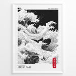Indlæs billede til gallerivisning Japanske plakater | Black and white modern reinterpretation of Hokusai’s &quot;The Great Wave&quot; featuring swirling waves, minimalist design, and a red Japanese seal on a framed poster.
