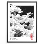 Indlæs billede til gallerivisning Japanske plakater | Black and white modern reinterpretation of Hokusai’s &quot;The Great Wave&quot; featuring swirling waves, minimalist design, and a red Japanese seal on a framed poster.
