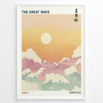 Indlæs billede til gallerivisning Japanske plakater | Pastel-style illustration of &quot;The Great Wave&quot; with large foamy waves under a warm orange and yellow sunset, inspired by Hokusai’s iconic woodblock print.
