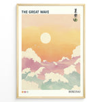 Indlæs billede til gallerivisning Japanske plakater | Pastel-style illustration of &quot;The Great Wave&quot; with large foamy waves under a warm orange and yellow sunset, inspired by Hokusai’s iconic woodblock print.
