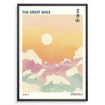 Indlæs billede til gallerivisning Japanske plakater | Pastel-style illustration of &quot;The Great Wave&quot; with large foamy waves under a warm orange and yellow sunset, inspired by Hokusai’s iconic woodblock print.
