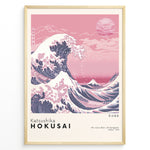 Indlæs billede til gallerivisning Japanske plakater | Modern pink-toned version of Hokusai&#39;s The Great Wave off Kanagawa, featuring a large wave with boats and Mount Fuji in the background under a pink sky.
