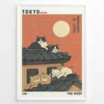 Indlæs billede til gallerivisning Japanske plakater | Illustration of five cats lounging on a Japanese-style tiled roof under a coral sunset sky with a full moon, styled like a modern Ukiyo-e poster labeled “Tokyo Japan” and “The Roof.”
