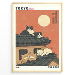 Indlæs billede til gallerivisning Japanske plakater | Illustration of five cats lounging on a Japanese-style tiled roof under a coral sunset sky with a full moon, styled like a modern Ukiyo-e poster labeled “Tokyo Japan” and “The Roof.”
