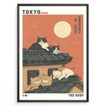 Indlæs billede til gallerivisning Japanske plakater | Illustration of five cats lounging on a Japanese-style tiled roof under a coral sunset sky with a full moon, styled like a modern Ukiyo-e poster labeled “Tokyo Japan” and “The Roof.”

