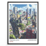 Indlæs billede til gallerivisning Japanske plakater | Poster of a colorful Tokyo cityscape featuring dense buildings with rooftop greenery, neon signs, and high-rise structures under a bright blue sky with clouds.
