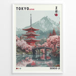 Indlæs billede til gallerivisning Japanske plakater | Illustration of the Senso-ji Temple in Tokyo, Japan, featuring a red pagoda, pink cherry blossom trees, a wooden bridge over water, and a mountain in the background, framed as a decorative travel poster.
