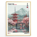 Indlæs billede til gallerivisning Japanske plakater | Illustration of the Senso-ji Temple in Tokyo, Japan, featuring a red pagoda, pink cherry blossom trees, a wooden bridge over water, and a mountain in the background, framed as a decorative travel poster.
