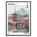 Indlæs billede til gallerivisning Japanske plakater | Illustration of the Senso-ji Temple in Tokyo, Japan, featuring a red pagoda, pink cherry blossom trees, a wooden bridge over water, and a mountain in the background, framed as a decorative travel poster.
