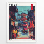 Indlæs billede til gallerivisning Japanske plakater | Illustrated poster of a night street scene in Tokyo with glowing lanterns, traditional Japanese shops, and a large illuminated pagoda in the background, styled in a neon, cyberpunk aesthetic.
