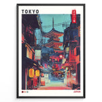 Indlæs billede til gallerivisning Japanske plakater | Illustrated poster of a night street scene in Tokyo with glowing lanterns, traditional Japanese shops, and a large illuminated pagoda in the background, styled in a neon, cyberpunk aesthetic.
