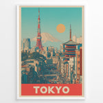 Indlæs billede til gallerivisning Japanske plakater | Retro-style poster of Tokyo cityscape with Tokyo Tower, a traditional pagoda, and Mount Fuji in the background under a yellow sun and turquoise sky.

