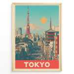 Indlæs billede til gallerivisning Japanske plakater | Retro-style poster of Tokyo cityscape with Tokyo Tower, a traditional pagoda, and Mount Fuji in the background under a yellow sun and turquoise sky.
