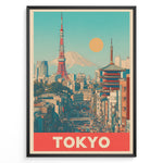Indlæs billede til gallerivisning Japanske plakater | Retro-style poster of Tokyo cityscape with Tokyo Tower, a traditional pagoda, and Mount Fuji in the background under a yellow sun and turquoise sky.

